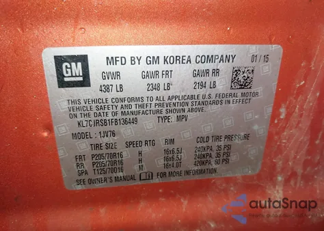 2015 Chevrolet Trax Lt из США, поврежденный, VIN KL7CJRSB1FB136449